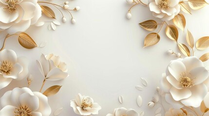 Elegant white and gold floral background with delicate blossoms and leaves, perfect for invitations, greeting cards, and digital designs.