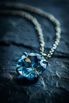  a round faceted blue topaz stone pendant on a dark background 