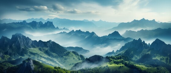 Obraz premium Misty mountain ridge with a panoramic view of surrounding peaks and valleys