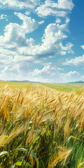 Obraz premium Wheat fields. Ears of wheat make up love. A sunny day with few clouds. 