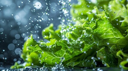 Fresh green lettuce leaves sprinkled with water droplets, creating a refreshing and healthy feel in a vibrant, close-up shot.