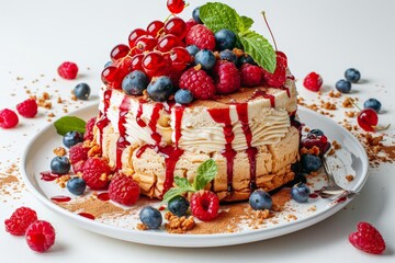 Stack of fluffy pancakes drizzled with berry sauce and topped with fresh berries, creating a vibrant and indulgent breakfast treat