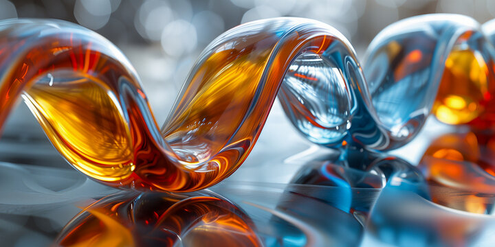 A close-up photograph of a glass slinky in warm orange and blue hues. The slinky is reflected on a smooth surface, with a blurred background of light and color