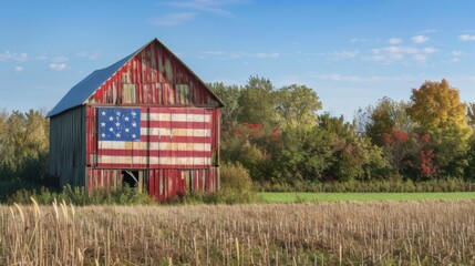 Obraz premium Rustic barn with American flag mural in a rural field with autumn foliage and a clear blue sky, symbolizing patriotism and country life.