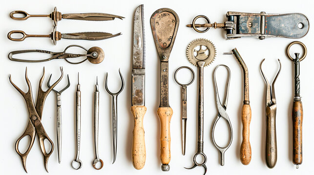Vintage Medical Surgical Tools Collection - Antique Bone Saw, Forceps, and Speculum on White Background with Premium Lighting and Clarity