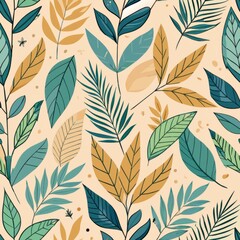 Fototapeta premium Seamless pattern of minimalistic leaves or botanical elements, drawn with thin lines and arranged sparsely to convey a sense of natural simplicity, Generative AI