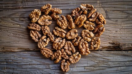 Obraz premium Heart shaped Sign Crafted from Raw Walnuts on a Wooden Surface Symbolizing Heart Health