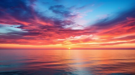 Golden Horizons Captivating Sunrise and Sunset Over the Ocean. Spectacular sunset over a calm ocean horizon with vibrant colors from above.