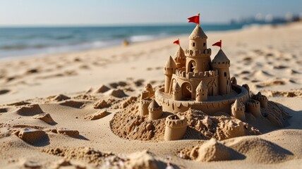 sand castle with red flags on the beach