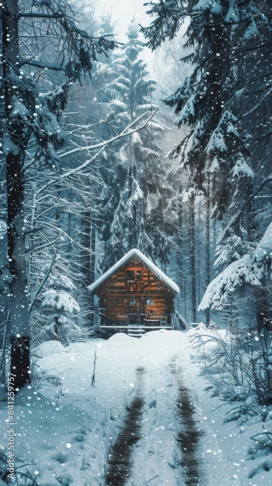 Poster A cabin in the middle of a snowy forest