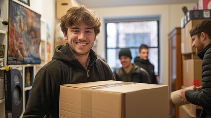 Young man smiling while carrying a cardboard box during a moving day with friends, inside an apartment filled with boxes and furniture.