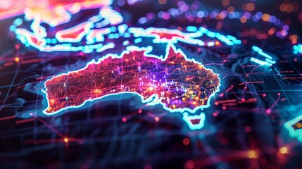 Neon Digital Map of Australia Highlighting Futuristic Data Connections, Global Networks, Modern Technology, and Communication Flow