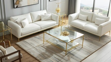 Obraz premium A chic, modern living room with white sofas, geometric decor, glass coffee table, and neutral tones.