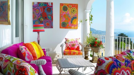 A living room filled with lots of colorful furniture