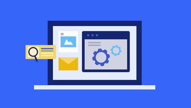 Digital software application for e-business marketing automation on laptop screen, video animation.