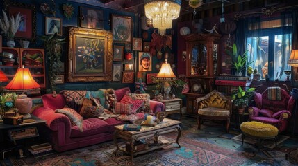 A living room filled with lots of colorful furniture