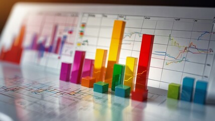 Colourful Bar charts with many colours going up and down for stock market investment or bright colourful banking charts  with empty copy space