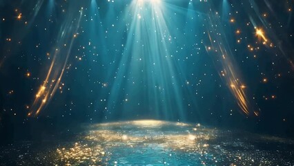 Stage opening golden stage glitter animation, spotlights and luxury blue light streak. Particle luxury for ceremony background