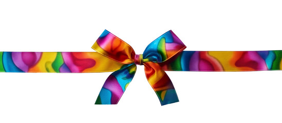 Obraz premium A colorful ribbon with a bow is displayed on a white background. Long bow for gift decoration