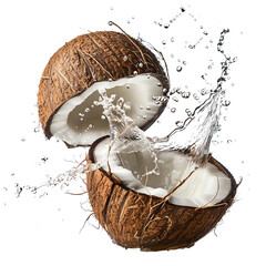 Freshly cracked coconut with a splash of coconut water, showcasing the natural texture and refreshing liquid inside.