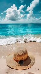 Obraz premium A peaceful beach scene, featuring a sun hat, sunglasses