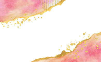 Frame for background with abstract pink gradient watercolor waves and gold ribbons and stains.