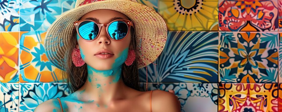 Collage of woman wearing cute hat and sunglasses. Travel concept with colorful, vintage patterns and design. Sense of adventure and wanderlust