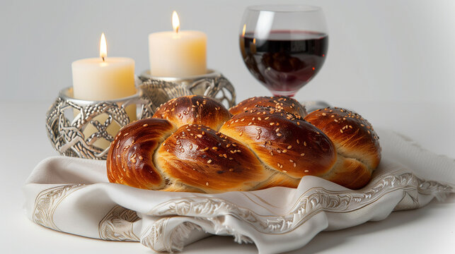 Challah bread covered with a special napkin, shabbat wine, torah and candles on white background. Traditional Jewish Shabbat ritual. Shabbat Shalom