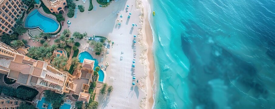 Aerial Drone view of a Beach in Dubai, United Arab Emirates.