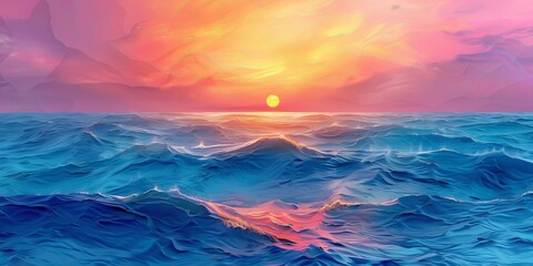 Fototapeta premium abstract background with blue undulating sea under a bright colored sunset sky