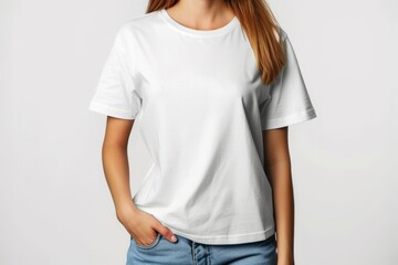 Obraz premium A young woman in a white t shirt on a white background.