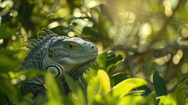 A close up image of a club tailed iguana moving on green foliage
