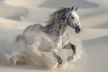 Obraz premium Beautiful gray and black calculation horse rearing in white desert sand, high quality photo The horse is depicted in the style of Calculation in the white desert sand