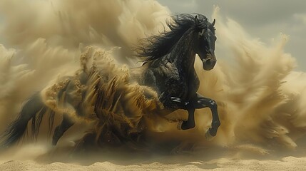 Obraz premium Beautiful gray and black horse rearing up in the desert, white sand dunes, award winning photography in the style of Jovana Rikalo