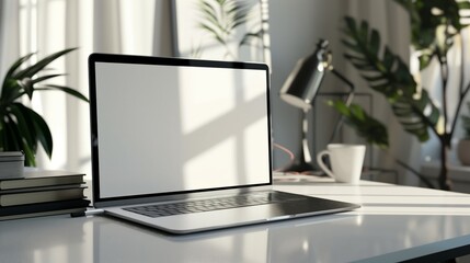 mockup close up opened laptop monitor centered on a desk