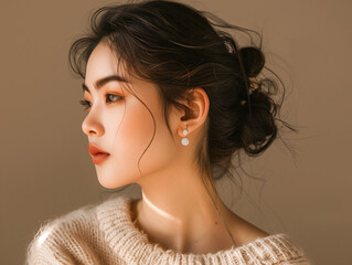  jewelry lookbook, side asian profile model with messy bun her shoulders are relaxed, her ears are adorned with eye-catching earrings, ivory chunky knit sweater, natural lighting, sepia background.