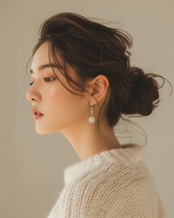  jewelry lookbook, side asian profile model with messy bun her shoulders are relaxed, her ears are adorned with eye-catching earrings, ivory chunky knit sweater, natural lighting, sepia background.