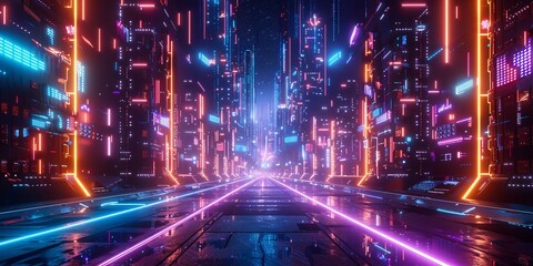 Fototapeta premium Sci-fi Cityscape with Purple and Cyan Neon lights. Night scene with Visionary Architecture.