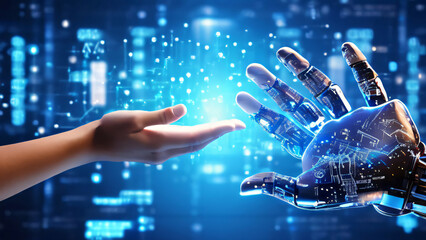 Hands of robot and human touching on big data network connection 