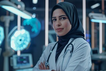 an arab woman style with veil, doctor and researcher,in proud portrait face, female empowerment concept