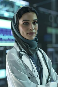 an arab woman style with veil, doctor and researcher,in proud portrait face, female empowerment concept