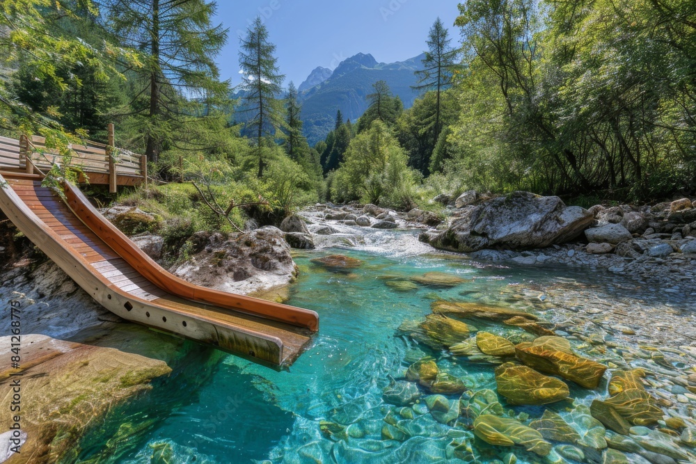 Wall mural a wooden slide leading into a crystal-clear river, with a backdrop of a forest and mountains