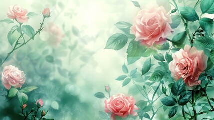 Romantic theme with delicate pink roses and green leaves, watercolor depiction, highlighting the tender beauty of pink roses and lush greenery
