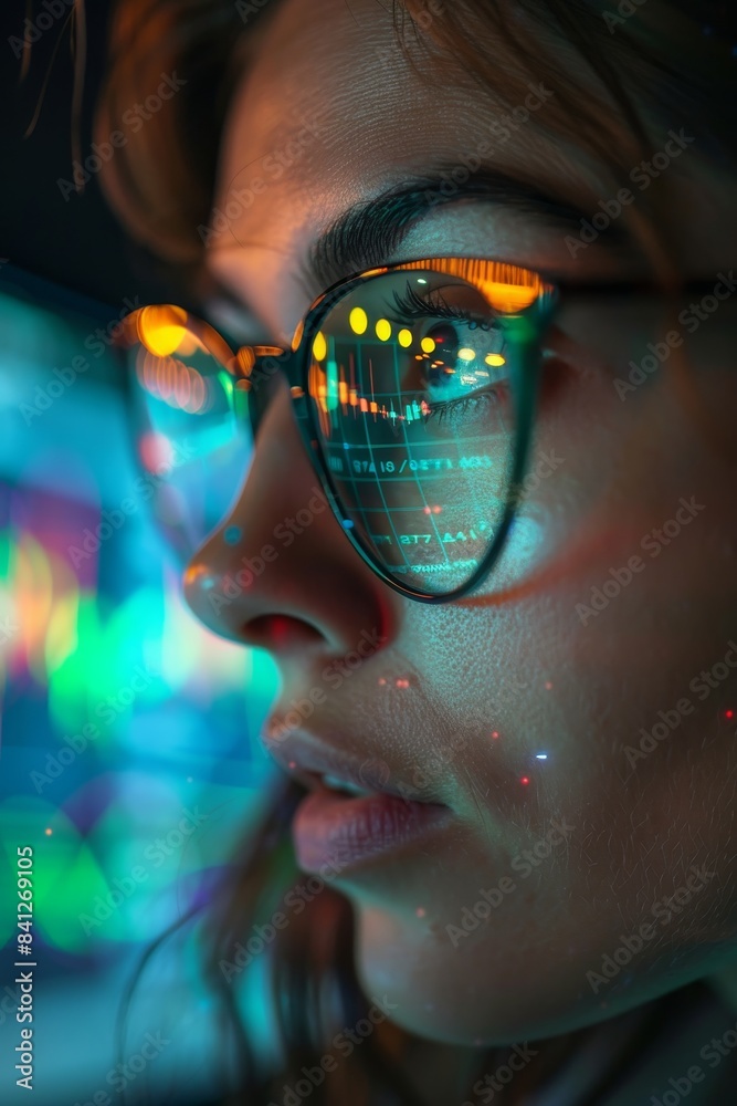 Wall mural a young girl hacker developer coder wears eyeglasses reflecting codes, numbers and data, working on computer , close up on glasses, cyber security concept dark background