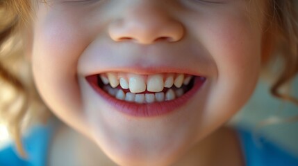 Obraz premium Close-up of a child's joyful smile with visible white teeth, expressing happiness and innocence. Perfect for themes of joy and childhood.