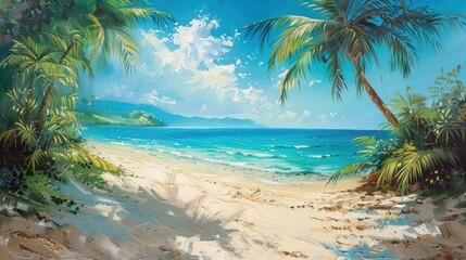 Tropical Paradise - Depict a tropical beach with turquoise waters, white sand, and swaying palm trees under a bright, sunny sky