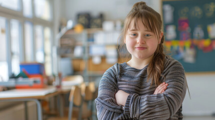 Disabled girls with Down syndrome in a school classroom against the background of desks and a blackboard.
