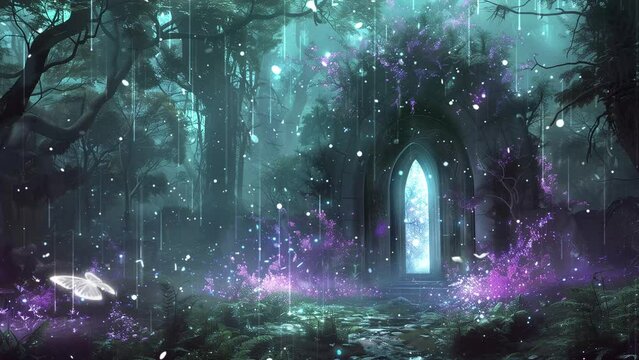 a mystical portal in an enchanted forest seamless looping overlay 4k virtual video animation background