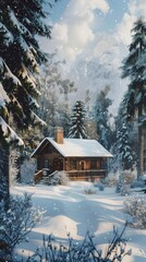 A painting of a cabin in a snowy forest
