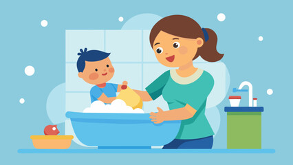 happy mother washes her baby vector illustration